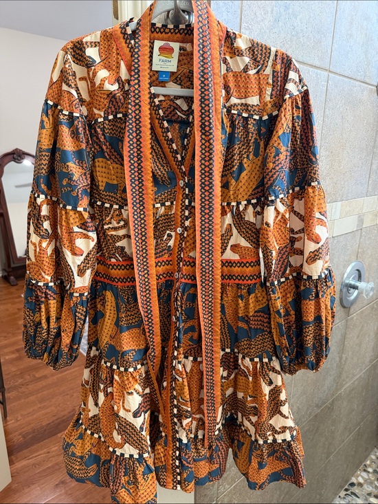 FARM Rio Dresses & Skirts - FARM Rio Burnt Orange, Navy & Cream Tiered Mini Dress with Scarf Tie